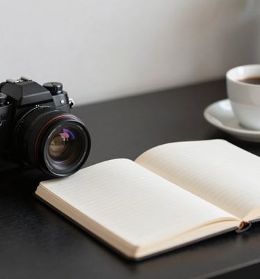 A minimalist workspace with a camera, a notebook, and a coffee cup on a midnight black desk, soft natural light, North American / European home office.