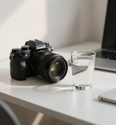A minimalist workspace with a professional camera and a glass of water under soft morning light. Clean and elegant environment. International / Professional.