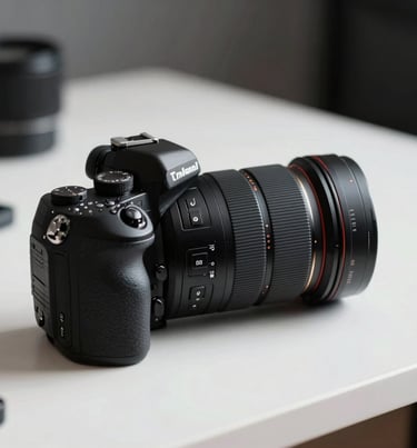 Close-up of a professional camera body and lens sitting on a clean white desk in a minimalist studio setting. Black and gray tones. International / Professional.