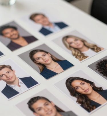 A selection of talent headshots laid out on a clean white desk, professional lighting, artistic arrangement, including various ethnicities and styles, with #0B1E22 color branding.