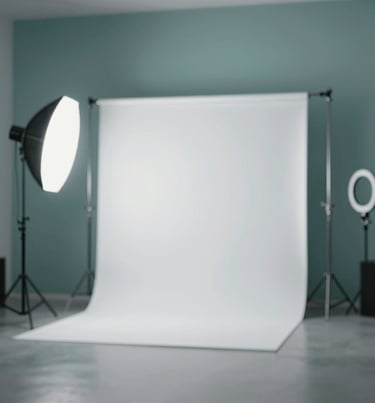 A modern casting room with a tripod and ring light, minimalist decor, Scandinavian style, ready for auditions, professional and elegant, with #1A5E63 details.