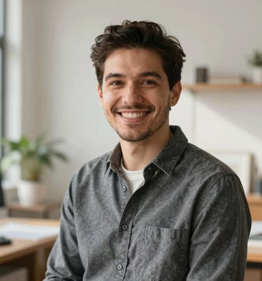 A warm, approachable portrait of the architect technician in their sun-drenched studio, smiling.