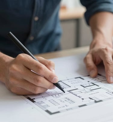 Close up of a friendly architect technician's hands sketching over a floor plan with warm lighting.