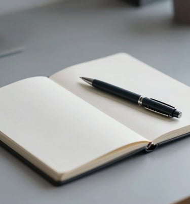 A minimalist studio workspace with a single designer's sketchbook and a high-end pen. The mood is quiet and focused. Palette features #F8F8F4 and #4A5763.