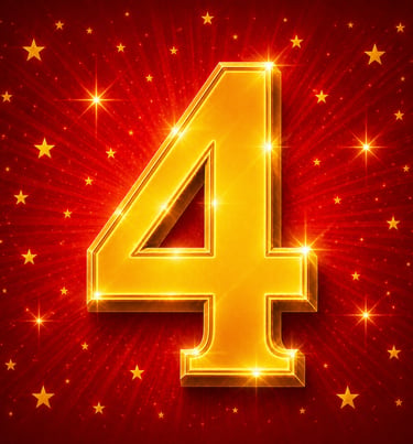 Numéro 4 doré – fond rouge avec étoiles