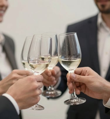 Close-up of hands clinking glasses at a corporate event, focused on the human connection, soft #8C847E and #F2F1ED background.