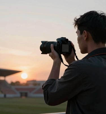 A photographer's silhouette holding a camera at sunset, looking out over a stadium, professional and approachable mood, using #0D0D0D and #8C847E.