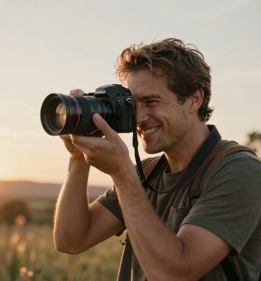 Warm, cinematic portrait of a photographer holding a camera, smiling authentically in a North American outdoor setting at sunset.