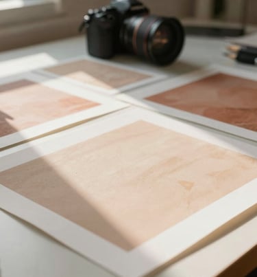 Candid photo of a photographer's workspace in a North American studio. Sun-drenched desk with prints in Soft Sand and Terracotta tones. Authentic and inviting.