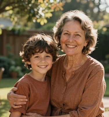 A lifestyle shot of a smiling grandmother and child in a North American garden, warm sun-drenched lighting filtering through trees. Cinematic storytelling style with earthy terracotta accents.