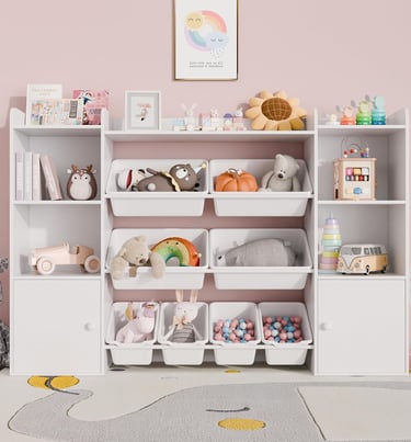 a room with a shelf with lots of toys and toys
