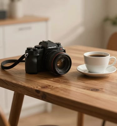 A warm, atmospheric photo of a wooden table with a camera and a cup of coffee, set in a light-filled studio. Soft beige and brown color palette. North American / US (West Michigan).