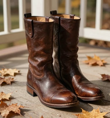 A detail shot of a pair of leather boots resting on a sun-drenched porch, surrounded by autumn leaves. Warm, elegant, and nostalgic feel with dark espresso and soft brown colors. North American / US (West Michigan).