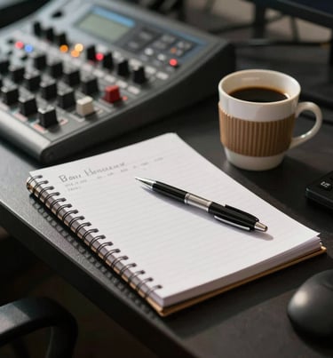 A close-up of a sound technician's notepad and a pen next to a coffee cup on a console, suggesting a creative and professional planning session. Southern European / Spanish afternoon light.