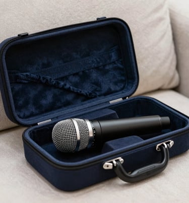 A professional portrait-style photo of an elegant microphone case open on a studio couch. The scene suggests readiness for a high-quality session. Colors: Dark navy and off-white. Southern European / Spanish context.