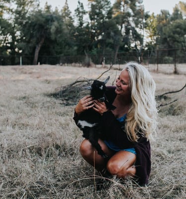 a woman in a blue dress is holding a black baby goat