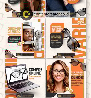 Optical clinic social media posts featuring eye exams and stylish designer glasses frames.
