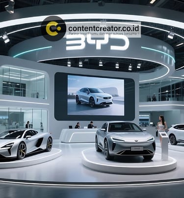 Modern BYD electric car showroom featuring luxury EV models and digital displays at an auto show.
