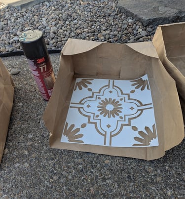Stencil in a brown paper bag on its side with the top cut off