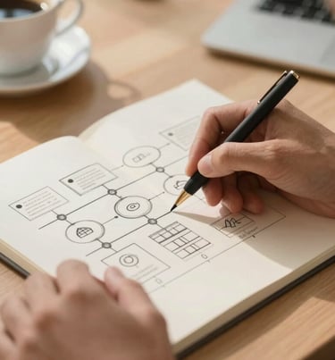 Candid cinematic shot of a developer's hands sketching a system architecture on a notepad. Warm, sun-drenched desk environment with a cup of coffee and Soft Sand (#F7F4E9) paper.