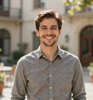 Authentic, friendly portrait of the developer smiling at the camera, standing in a sun-drenched outdoor courtyard. Warm, professional, and cinematic photography.