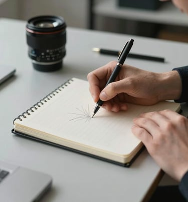 Close-up of hands sketching in a minimalist notebook on a light grey desk, professional and artistic setup, Northern European designer's office.