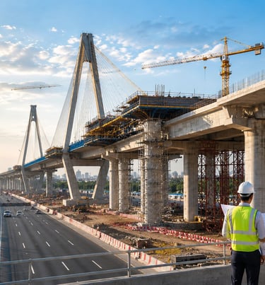 Bridge construction project with cranes and civil infrastructure development