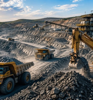 Mining operation with excavators and heavy haul trucks