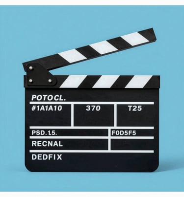 Director's clapboard, black #1A1A1A and white #FDFDF5, minimal background in blue #0050B3, vintage pop art illustration style, thick borders.