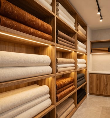 Cozy and sophisticated design studio interior in Brazil, with warm wooden shelves, rolled fabrics in warm bronze and cream, and golden lighting. Elegant architectural layout, clean workspace.
