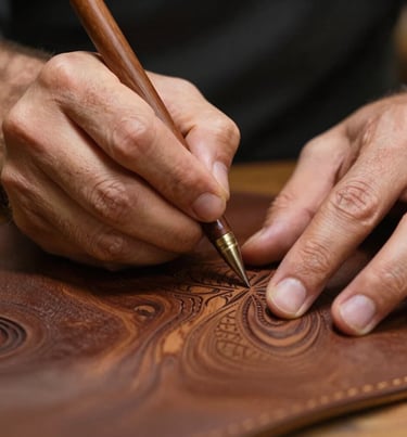Close-up of a skilled Brazilian craftsman's hands carefully tracing patterns on premium dark walnut brown leather. Soft focused, warm, intimate light showing dedication and heritage.