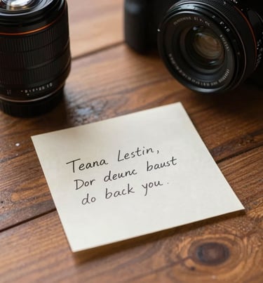 A vertical photo of a hand-written note on a wooden table next to a camera lens. The scene is lit by warm, soft morning light. South East Asian / Indonesian aesthetic, cinematic and storytelling style.