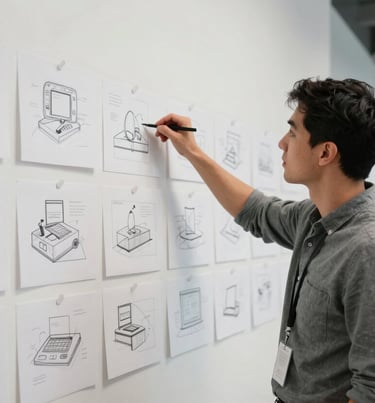 A candid shot of a creative professional in a North American / US co-working space, looking at a wall of digital concept sketches. The aesthetic is clean and modern, utilizing a palette of Ghost White and Mist Grey.