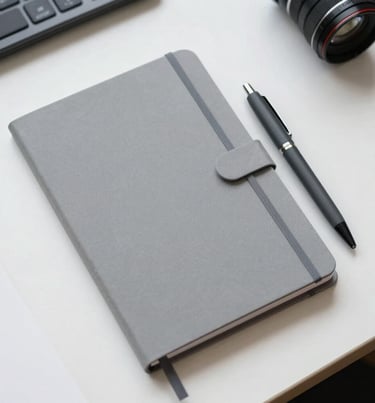 A top-down view of a designer's toolkit including a Mist Grey notebook and Charcoal Black pen on a Ghost White desk in a North American / US home office.