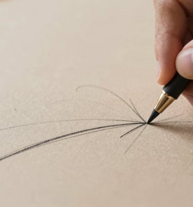 The architect's hand sketching a fluid line, charcoal on soft sand paper, professional and creative close-up #7C4E3A #F9F7F2