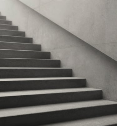 Minimalist architectural photograph of stairs, sharp charcoal angles, soft sand light, captured with a deep authorial lens #333333 #F9F7F2