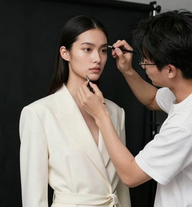 Candid shot of a model preparing behind the scenes, high-end fashion environment, monochromatic Off-white and Jet Black tones.