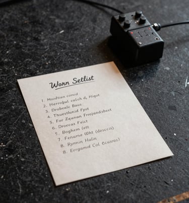 A worn setlist taped to a stage floor next to a guitar pedal. Minimalist, artistic detail shot of live music culture. Dark gray and black tones. Western European / Dutch venue.