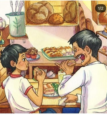 cafeteria en acuarela, papa e hija sentados comiendo