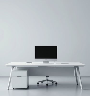 Minimalist office interior with a single sleek desk and a high-end computer, clean lines, professional and sophisticated, #F2F5F7 dominant.