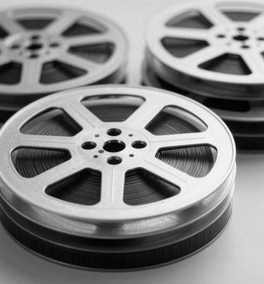 An artistic shot of film reels stacked neatly, vintage meets contemporary, monochrome aesthetic with silver #8C9CA6 highlights.