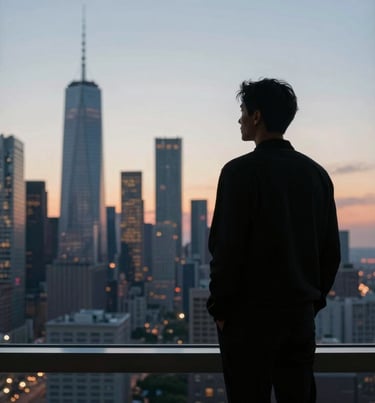 A person silhouetted against a large window looking out at a North American / US city skyline at dusk, elegant and cinematic.