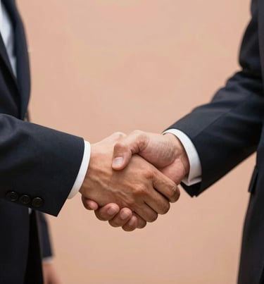 A close-up of two people shaking hands in a professional North American / US business setting, warm peach lighting.