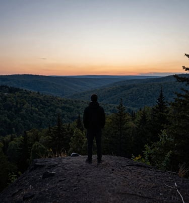 A silhouette of a person standing on a ridge looking out over a vast forest valley at dusk, North American wilderness, contemplative and serene mood.