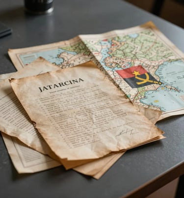 A pile of historical documents and maps of Angola on a table, soft cinematic lighting, focus on textures and memory, dark slate grey tones.