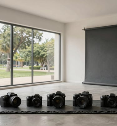 A minimalist studio interior in Angola with large windows overlooking a park, camera equipment neatly arranged, dark slate grey and off-white color palette.