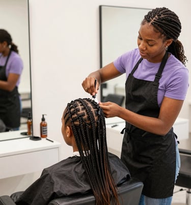 Close-up of a stylist gently braiding lush afro hair in a warm, elegant salon setting.