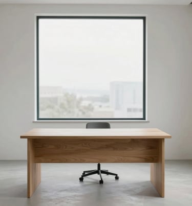 A wide-angle shot of a clean, modern design studio with a single oak desk and a large window. The lighting is natural and calm. The room features a minimalist aesthetic with neutral tones like #F0F4F4 and subtle teal #3F5E5C accents.