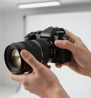 A professional photographer's hands adjusting a high-end camera lens in a modern Istanbul studio. The camera is black charcoal, with gold ring details. Bright, minimalist lighting.