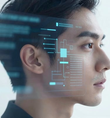 Side profile of a person with a digital interface overlay on their face, soft ethereal lighting, colors blending #3D5A80 and #98C1D9, modern and sophisticated.